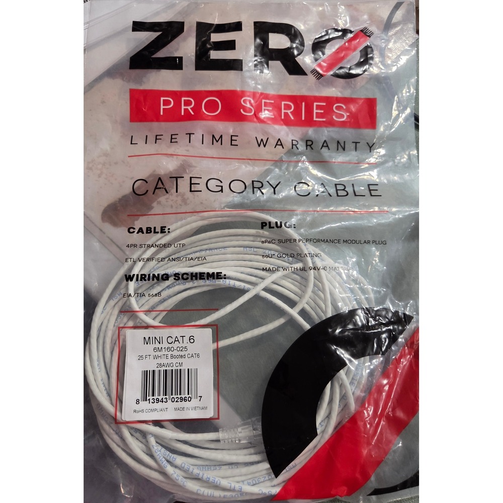 ZeroPro Series Mini Cat.6 Ethernet Cable 25ft White 28AWG 6M160-025 Booted Patch